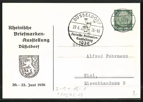 AK Düsseldorf, Rheinische Briefmarken-Ausstellung 1936, Ganzsache PP127 C19, Der Aussstellungsstempel