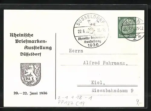 AK Düsseldorf, Rheinische Briefmarken-Ausstellung 1936, Ganzsache PP127 C19