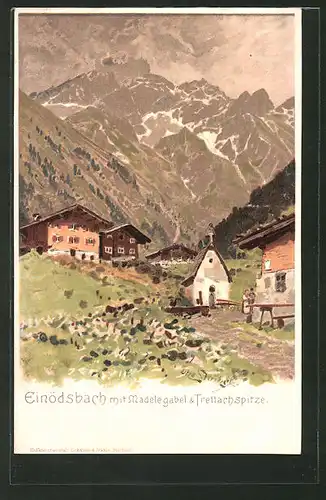 Lithographie Einödsbach, Gasthof mit Blick auf Mädelegabel und Trettachspitze