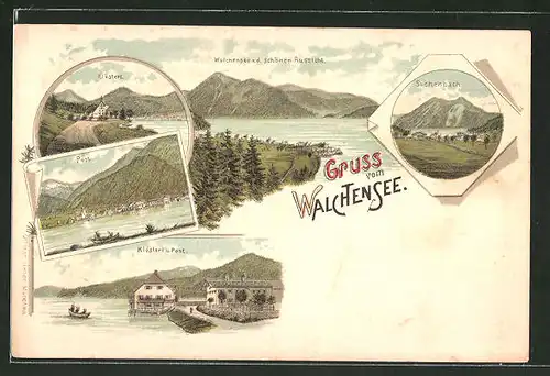 Lithographie Walchensee, Klösterl, Post, Sachenbach
