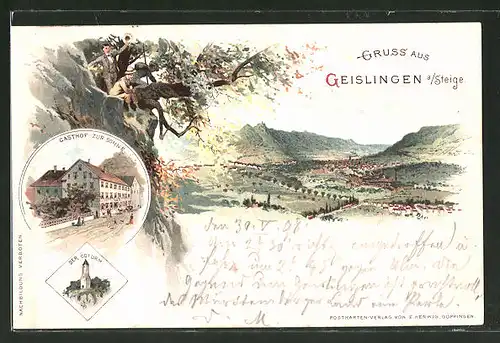 Lithographie Geislingen a. Steige, Totalansicht, Gasthaus zur Sonne, Ödturm