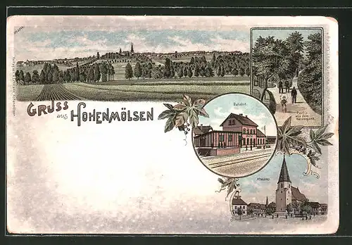 Lithographie Hohenmölsen, Totalansicht, Bahnhof, Altmarkt