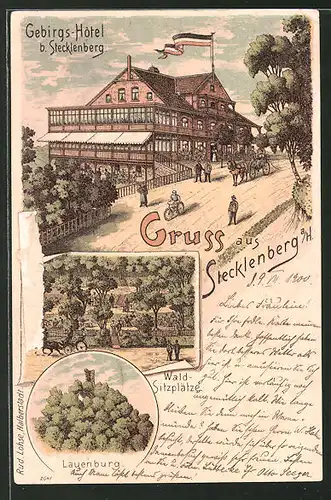 Lithographie Stecklenberg a. H., Gebirgs-Hotel, Wald-Sitzplätze, Lauenburg
