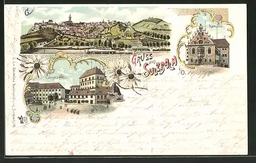 Lithographie Sulzbach i. O., Totalansicht. Luitpoldplatz, Rathaus