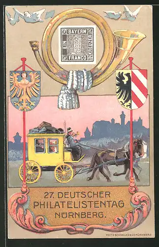 AK Nürnberg, 27. Dt. Philatelisten-Tag 1921, Stempel Flugpost, Postkutsche, Briefmarke, Ganzsache