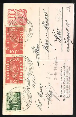 AK Nürnberg, 27. Dt. Philatelisten-Tag 1921, Stempel Flugpost, Postkutsche, Briefmarke, Ganzsache