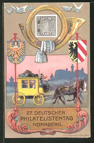 AK Nürnberg, 27. Dt. Philatelisten-Tag 1921, Stempel Flugpost, Postkutsche, Briefmarke, Ganzsache