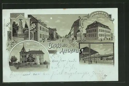 Mondschein-Lithographie Appenweier, Villa Siebert, Bahnhof, Rathaus, Kriegerdenkmal