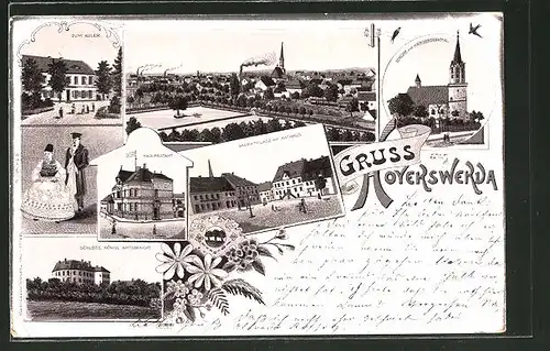 Lithographie Hoyerswerda, Kirche mit Kriegerdenkmal, Gasthaus zum Adler, Markt