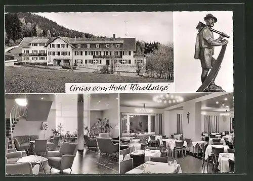 AK Bischofsmais, Hotel "Wastlsäge" mit Innenansicht und Holzfigur