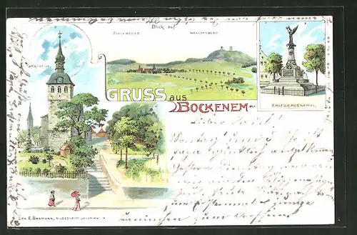 Lithographie Bockenem, Panorama mit Schlewecke & Wohldenberg, Kriegerdenkmal & St. Pankratius