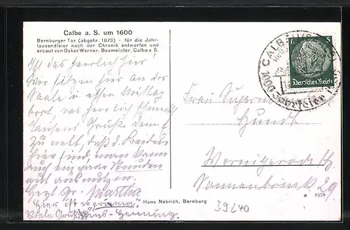 AK Calbe a. S., Historische Ansicht um 1600, Jahrtausenfeier 1936, Partie am Bernburger Tor