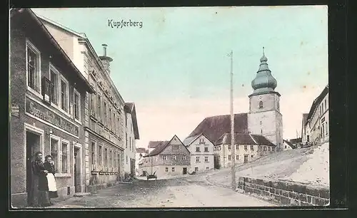 AK Kupferberg, Ortspartie mit Spezereihandlung & Strassenblick