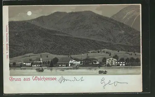 Mondschein-Lithographie Walchensee, Ortspartie im Gebirge