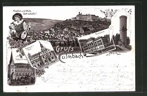 Lithographie Culmbach, Ortsansicht aus der Vogelschau, Blick auf Kirche, Realschule und Rathaus