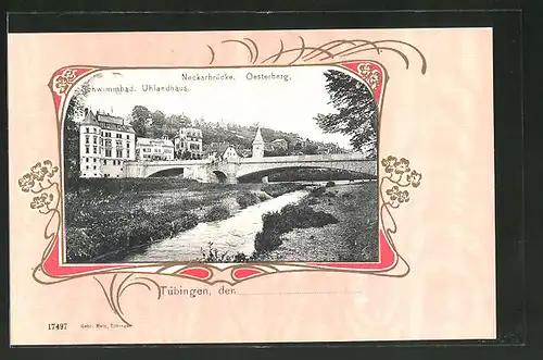 Passepartout-AK Tübingen, Neckarbrücke, Oesterberg, Schwimmbad, Uhlandhaus