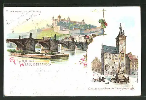 Lithographie Würzburg, Alte Mainbrücke mit Festung, Grafen Eckhardt Thurm & Vierröhrenbrunnen