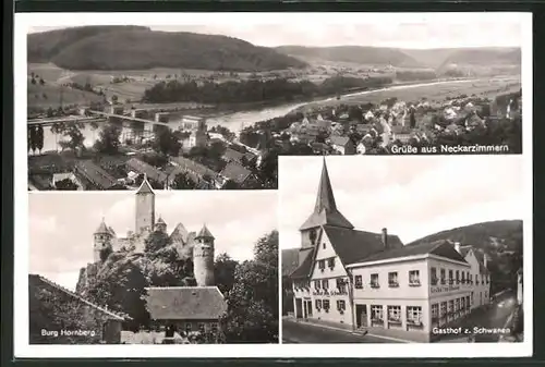 AK Neckarzimmern, Gesamtansicht aus der Vogelschau, Burg Hornberg, Gasthaus zum Schwanen
