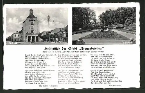 AK Treuenbrietzen, Rathaus, Heldenhain mit Heimatlied der Stadt