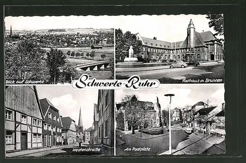 AK Schwerte-Ruhr, Rathaus mit Brunnen, Am Postplatz, Ortsansicht