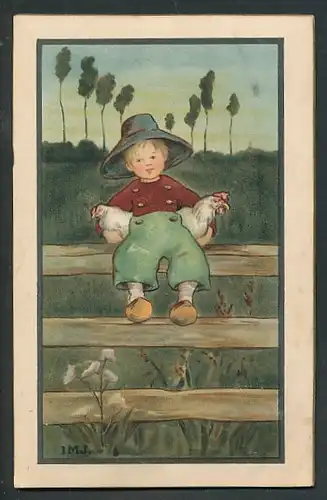 Künstler-AK I.M.J.: Junge mit Holzschuhen und Hühnern unter dem Arm auf einem Gartenzaun