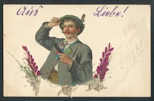 Oblaten-AK Jäger mit Gewehr & aufgeklebten Blumen