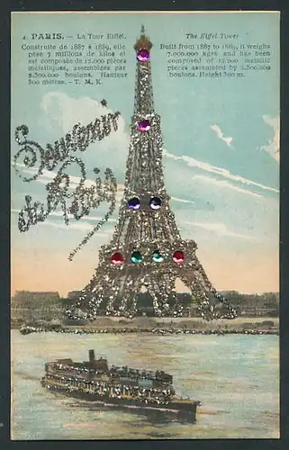 Glitzer-Perl-AK Paris, La Tour Eiffel, Eiffelturm mit Glitzer-Perlen und Strassteinen
