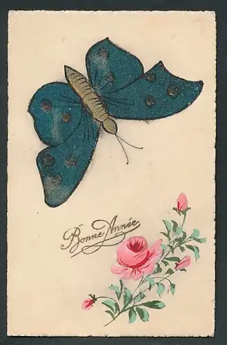 Glitzer-Perl-AK "Bonne Année", Schmetterling mit Glitzer-Flügeln und Rose