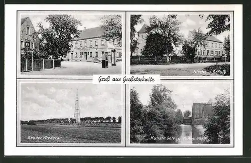 AK Grossstorkwitz, Ortsansicht mit Gasthof, Radio-Sender Wiederau, Schule & Kunstmühle