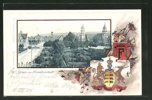 Passepartout-Lithographie Freudenstadt, Totalansicht und Wappen