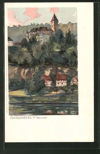 Künstler-AK Gottfried Graf: Zwingenberg a. Neckar, Teilansicht vom Fluss her
