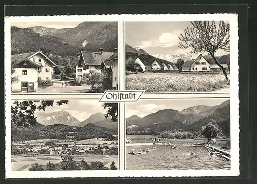 AK Ohlstadt, Ortsansicht aus der Vogelschau, Strassenpartie mit Bergpanorama