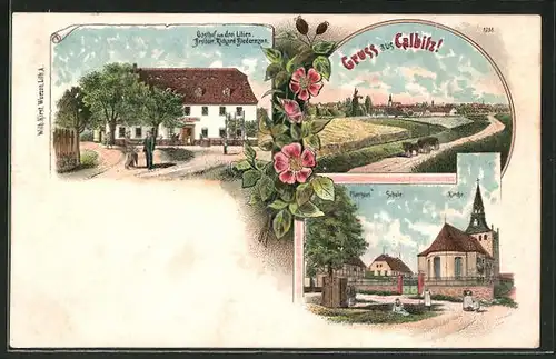 Lithographie Calbitz, Gasthaus zu drei Lilien, Ortsansicht, Pfarrhaus, Schule, Kirche