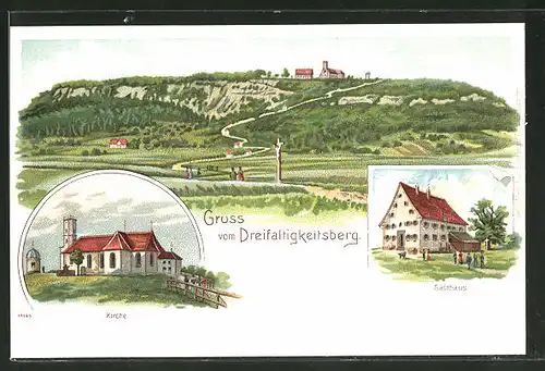 Lithographie Spaichingen, Kirche, Gasthaus, Dreifaltigkeitsberg