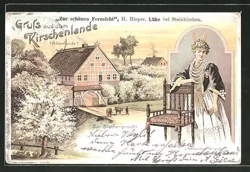 Lithographie Lühe, Zur schönen Fernsicht, Altländer Braut in Nationaltracht