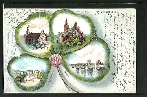 Passepartout-Lithographie Frankfurt, Gertraud-Kirche, Rathaus & Oderbrücke im Kleeblatt