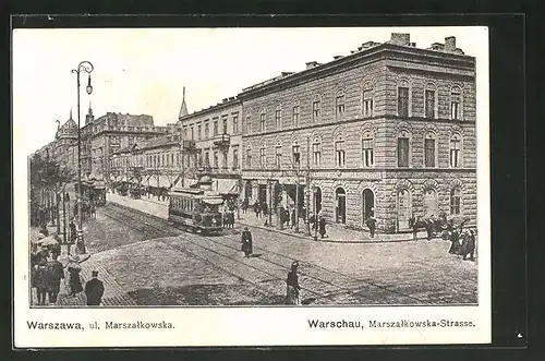 AK Warschau / Warszawa, Ul. Marszalkowska, Marszalkowska-Strasse mit Strassenbahn