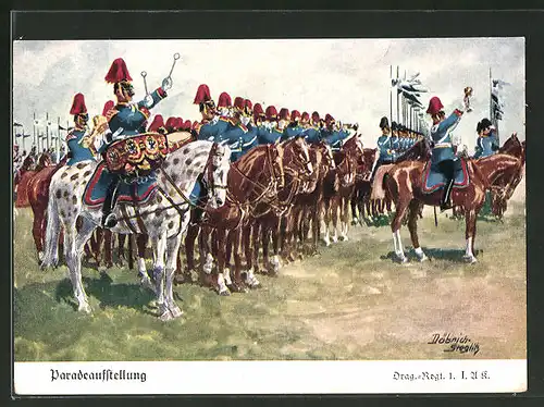 Künstler-AK Döbrich-Steglitz: Paradestellung des Dragoner-Regiment 1. I. A. K.
