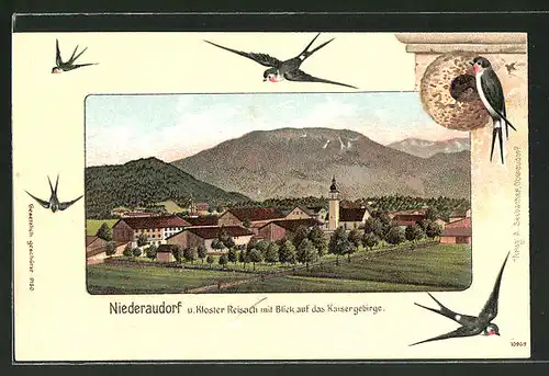 Passepartout-Lithographie Niederaudorf, Teilansicht mit Kloster Reisach und Kaisergebirge, Schwalben