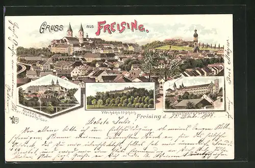Lithographie Freising, Ortsansicht aus der Vogelschau, Blick auf Weihenstephan und Schullehrerseminar
