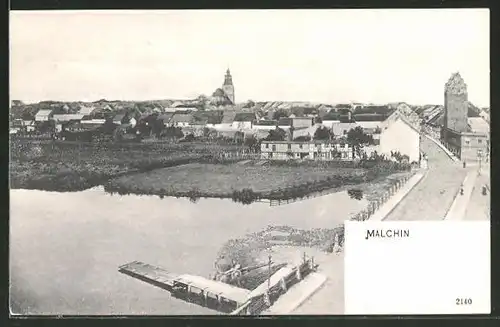 AK Malchin, Blick von der Brücke auf die Stadt