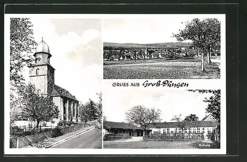 AK Gross-Düngen, Kirche, Schule, Ortspanorama