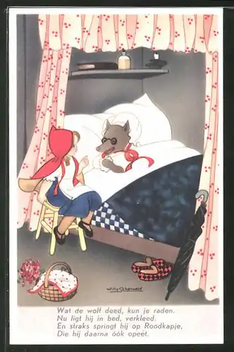 Künstler-AK Willy Schermele: Rotkäppchen am Bett des als Grossmutter verkleideten Wolfes