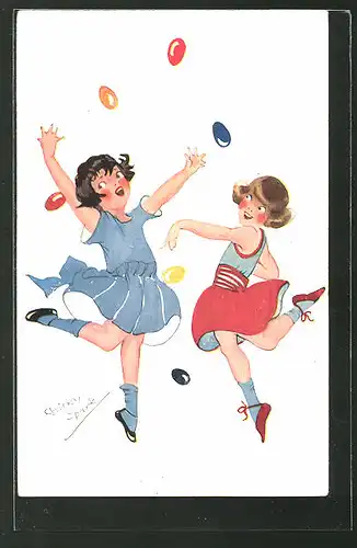 Künstler-AK Chicky Spark: Zwei junge Mädchen tanzen umher und spielen mit bunten Eiern