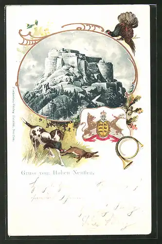 Passepartout-Lithographie Neuffen, Blick zur Festungs-Ruine Hohen-Neuffen, Wappen und Jagdhund mit Fasan