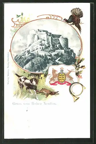 Passepartout-Lithographie Neuffen, Blick zur Festungs-Ruine Hohen-Neuffen, Wappen und Jagdhund mit Beute