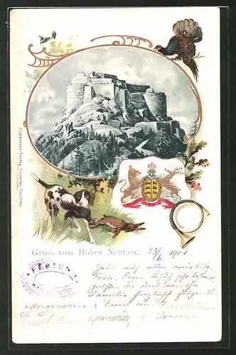 Passepartout-Lithographie Neuffen, Blick zur Festungs-Ruine Hohen-Neuffen, Wappen und Jagdhund mit Hase