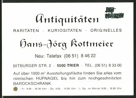 Vertreterkarte Trier, Antiquitäten Hans-Jörg Kottmeier, Bitburger Str. 2, rücksetig Geschäftshaus