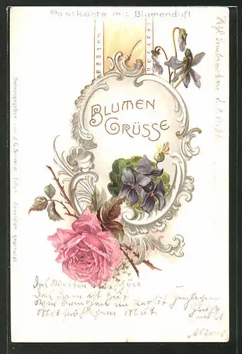 Duft-AK "Blumen Grüsse", Rose und Veilchen, Postkarte mit Blumenduft