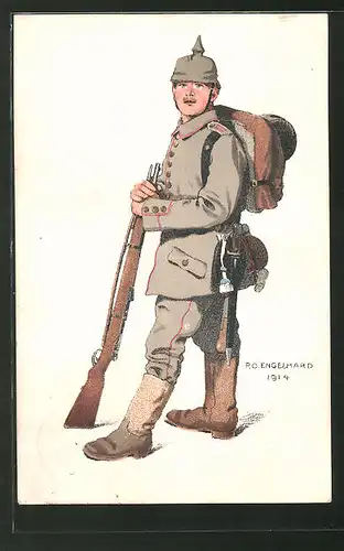Künstler-AK P. O. Engelhard (P.O.E.): Soldat in Feldgrau mit Marschgepäck